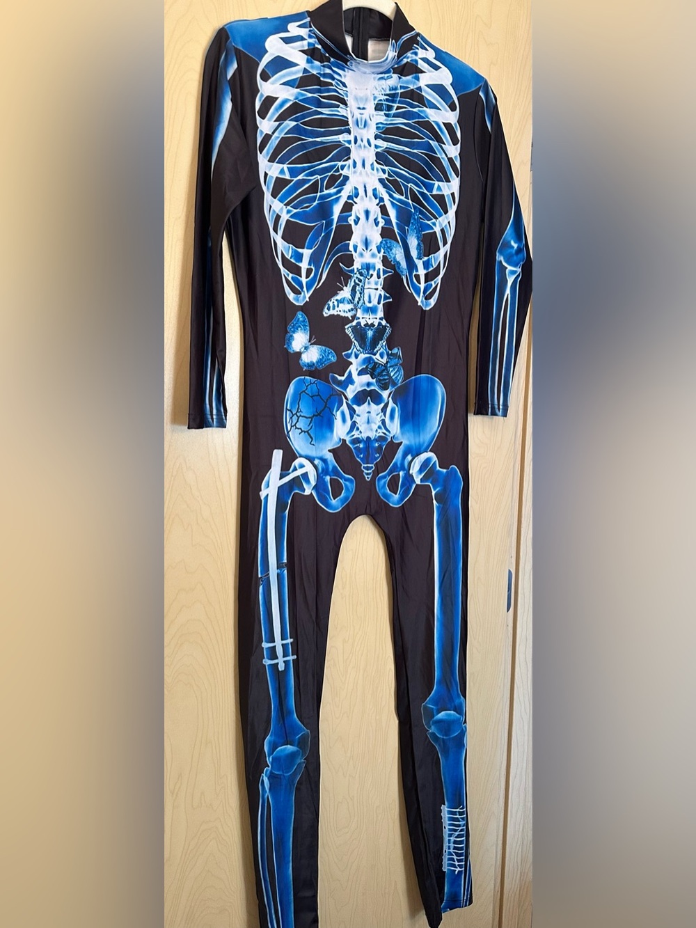 Women's Black Bodysuit with Blue X-Ray Skeleton Butterfly Print
